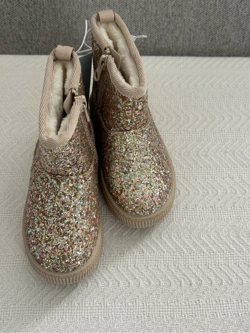 Kids Glitter Ankle Boots in Tan with Multicolor Sparkle